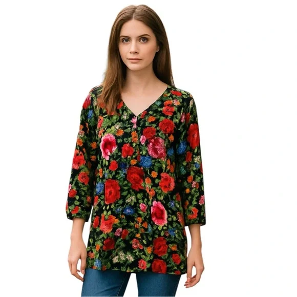 Rose + Olive Floral Blouse Women’s L Black Boho Tunic Top Pintuck Long Sleeve - Picture 1 of 11